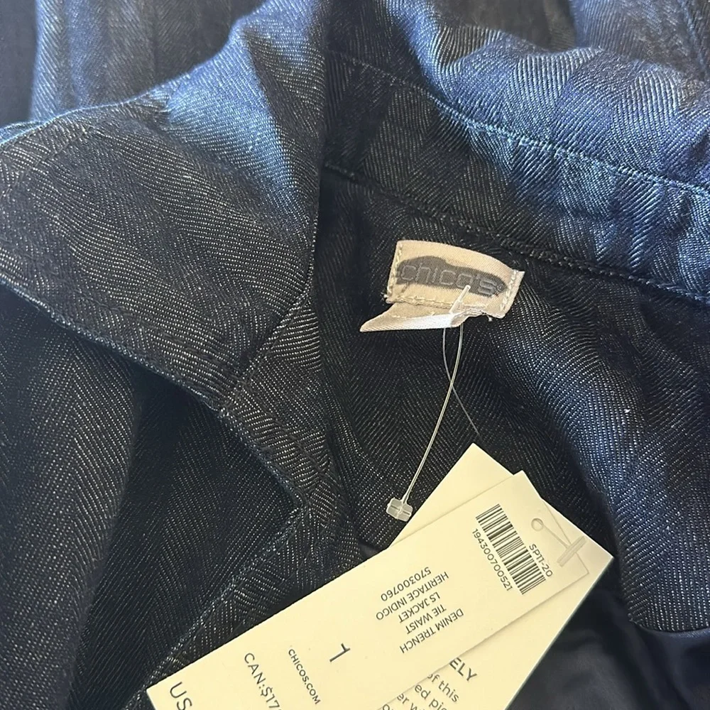 NWT CHICOS DENIM TRENCH TIE WAIST JACKET IN HERITAGE INDIGO SZ-1 US 8/10 - Picture 5 of 5